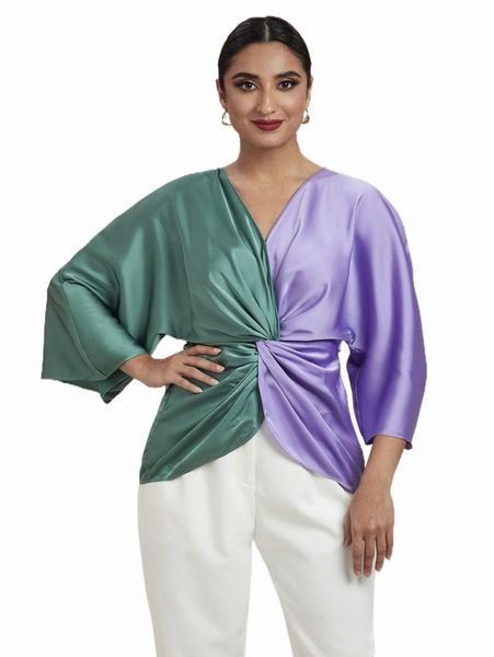 

women's blouses & shirts modely two tone twist front satin blouse p8dt#, White