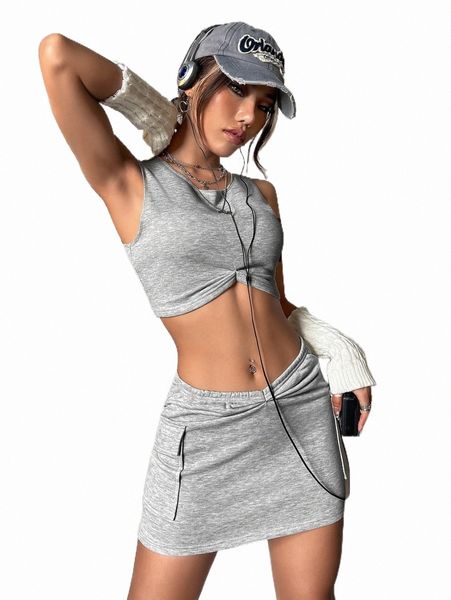 

two piece dress solid crop tank & flap pocket skirt w7ff#, White