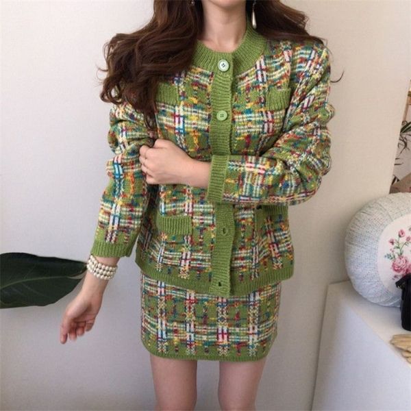 

two piece dress autumn winter knitted skirt sets women plaid oneck single breasted cardigan high waist mini skirts set 220906, White