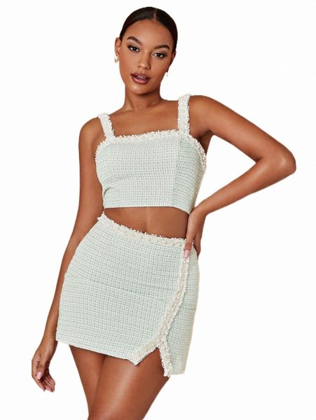 

two piece dress plaid pattern frayed trim crop tweed cami & split hem skirt x9kq#, White