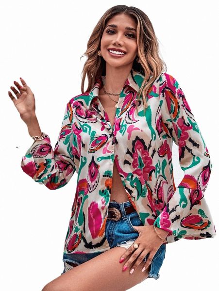 

women's blouses & shirts allover print flounce sleeve shirt 86ou#, White