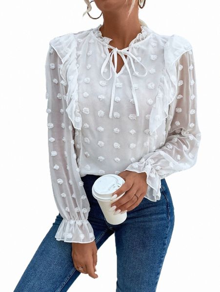 

women's blouses & shirts swiss dot tie neck flounce sleeve blouse a1mj#, White