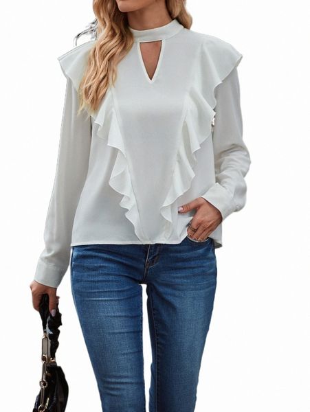 

women's blouses & shirts keyhole neckline ruffle trim blouse v7mr#, White