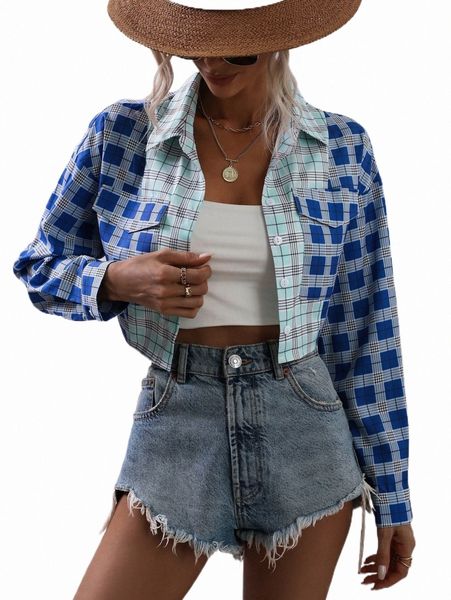 

women's blouses & shirts plaid print drop shoulder crop shirt y6hm#, White