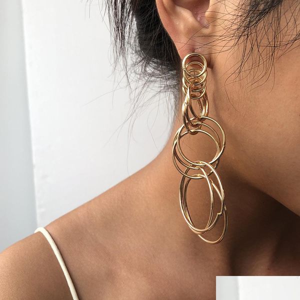 

other mtilayer geometric round circle long drop earrings women exaggerated big hoop pendant earring creative jewelry w54f delivery 202 dhykp, Golden;silver