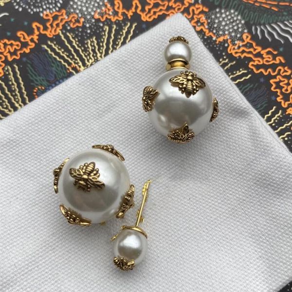 

vintage bees pearl earring studs women classic luxury designer jewelry earrings have stamps for lady women party wedding lovers gift wi238p, Golden;silver