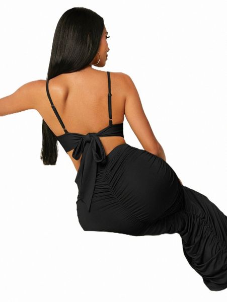 

two piece dress sxy tie back crop cami & ruched bodycon skirt set z1eg#, White