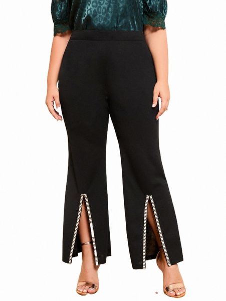 

plus size pants plus split hem tape detail flare leg pants b0gt#, Black
