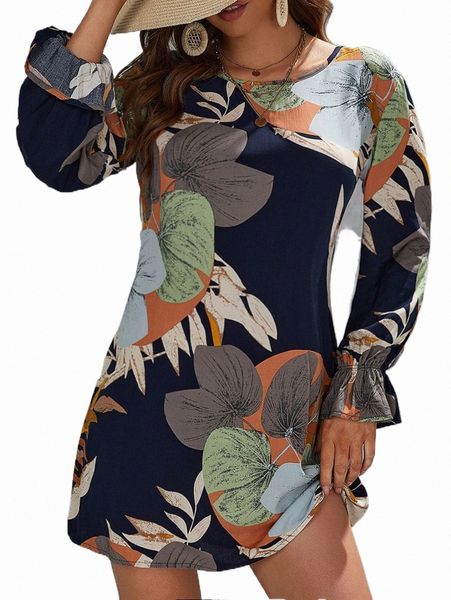 

casual dresses tropical print flounce sleeve tunic dress i8fd#, Black;gray