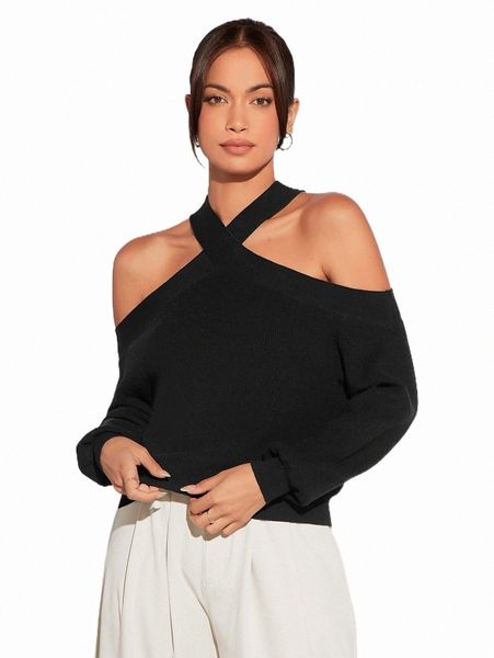 

women's sweaters cold shoulder ribbed knit sweater 08br#, White;black
