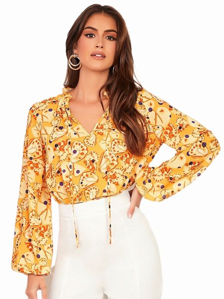 

women's blouses & shirts tie neck graphic print lantern sleeve blouse m1u2#, White