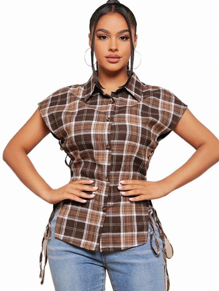 

women's blouses & shirts sxy plaid print lace up side shirt v90a#, White