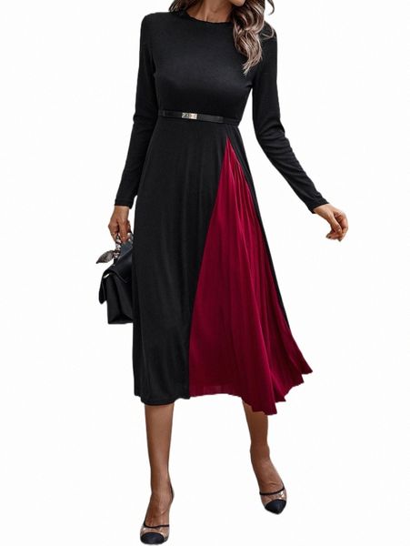 

casual dresses two tone pleated hem dress without belt 19ay#, Black;gray