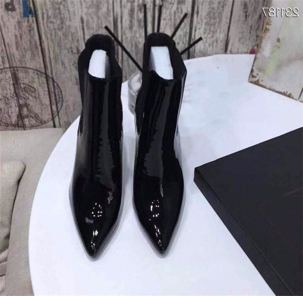 

metal letter high heel booties shiny leather pointed toe stiletto fashion boot size 35-40, Black