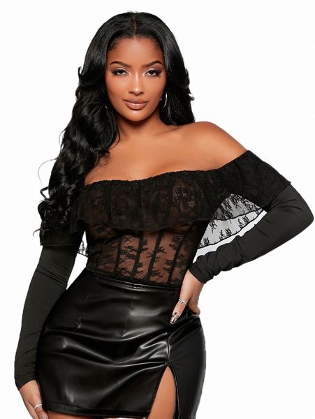 

women's t-shirt sxy off shoulder ruffle trim lace bodysuit 549m#, White