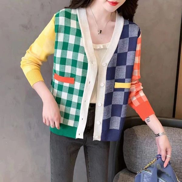 

new winter woman's wool ggity sweater women plaid oversized knitted cardigan jackets autumn letter v-neck long sleeve sweaters, White;black