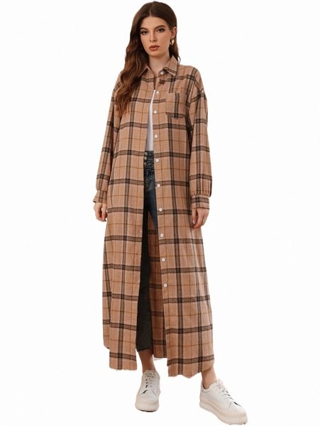 

women's down & parkas plaid print drop shoulder coat r1tt#, Black