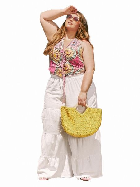 

plus size pants x srv plus ruffle hem drawstring waist wide leg pants r7me#, Black