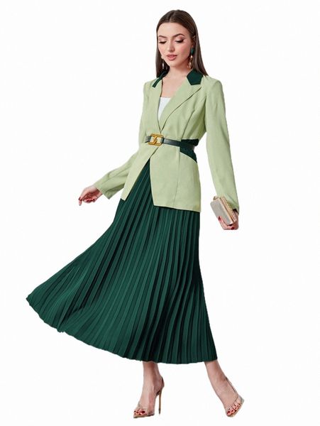 

two piece dress contrast panel belted blazer & pleated skirt h498#, White