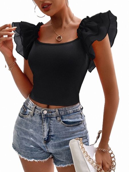 

women's t-shirt solid butterfly sleeve crop tee d7pu#, White