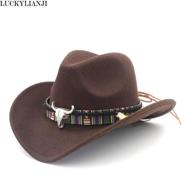 

luckylianji child kid boy girl wool felt 100% western cowboy hat wide brim cowgirl cow head leather band one size54cm311q, Blue;gray