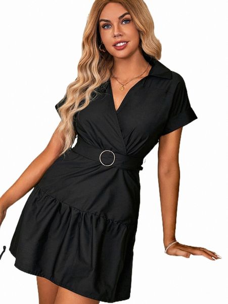 

casual dresses dolman sleeve ruffle hem buckled belted dress j4b0#, Black;gray