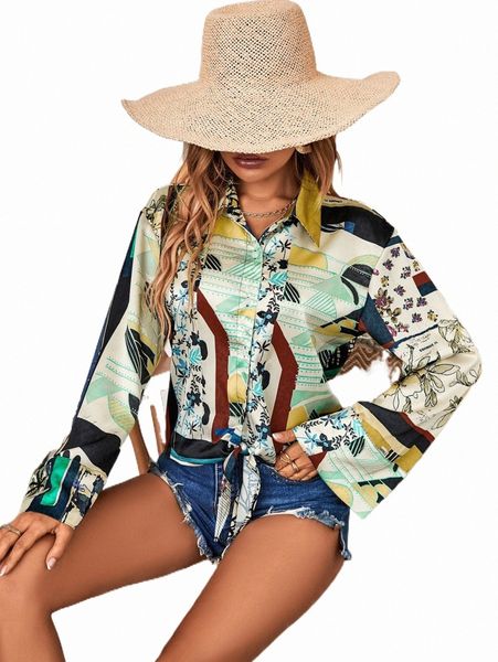 

women's blouses & shirts floral print button front knot hem shirt a4ee#, White
