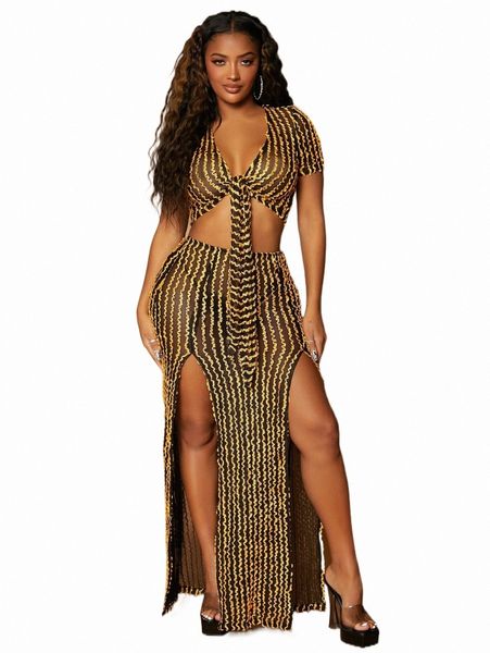 

two piece dress sxy textured tie front crop & split thigh skirt 27pn#, White