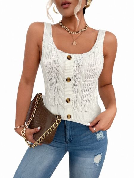 

women's sweaters button front cable tank knit a7ts#, White;black