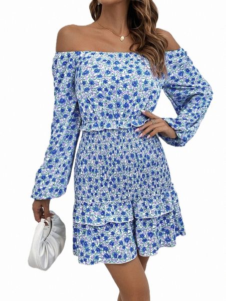 

casual dresses ditsy floral print shirred ruffle hem dress 93cn#, Black;gray