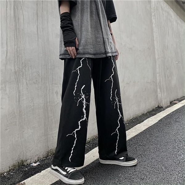 

men's pants casual pants men summer loose straight lightning print vintage sweatpants high street men's trousers -size male clothi, Black