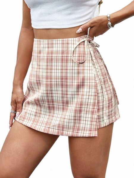 

women's shorts tartan print knot side wrap skort n0on#, White;black