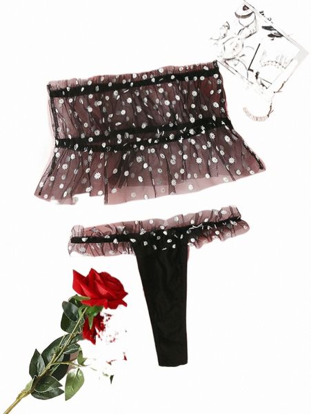 

women's sleepwear daisy print mesh ruffle trim tube wireless lingerie set x4hu#, Black;red