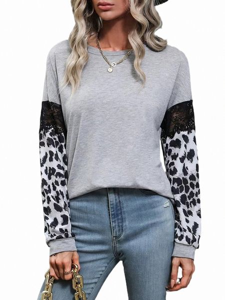 

women's t-shirt leopard print contrast lace drop shoulder tee 08dh#, White