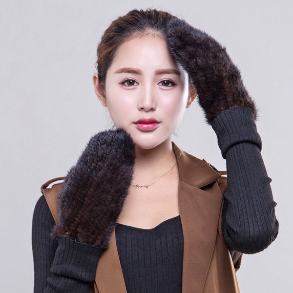

real mink fur glove winter mittens women double sides fur handwoven high elastic, Blue;gray
