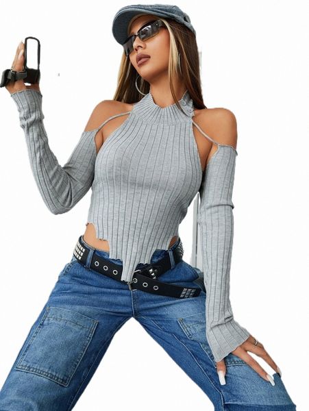 

women's sweaters cold shoulder lace up back asymmetrical hem sweater j3u1#, White;black