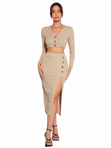 

two piece dress button front crop & high waist split thigh skirt e4mb#, White