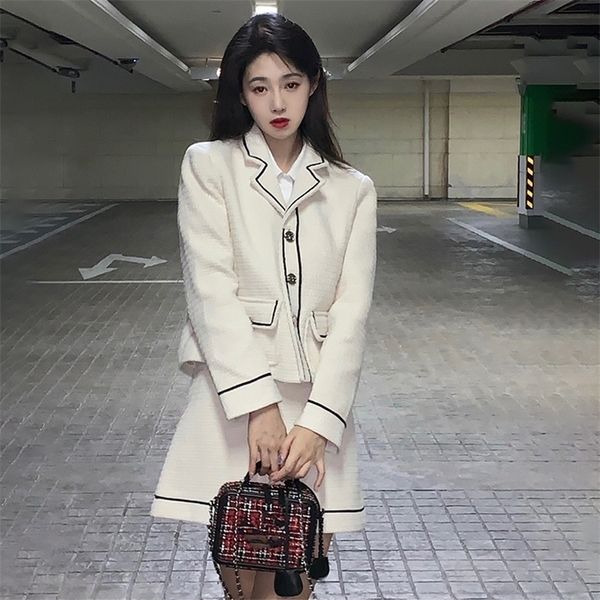 

two piece dress office lady tweed suit women notched collar single breasted jackets coat high waist mini skirts set outfit plus size 220906, White