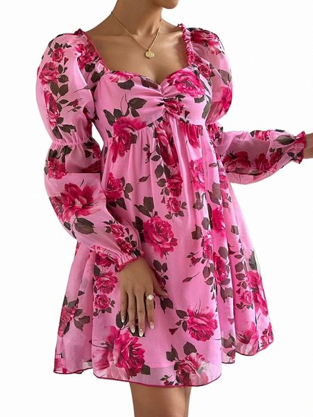 

casual dresses floral print sweetheart neck flounce sleeve dress l3ps#, Black;gray