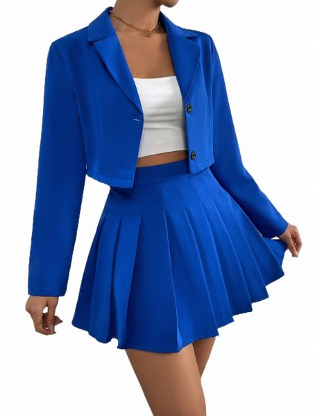 

two piece dress solid single breasted blazer & pleated skirt 17lf#, White
