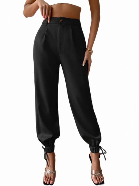 

women's pants & capris high waist tie hem tapered pants 91zm#, Black;white