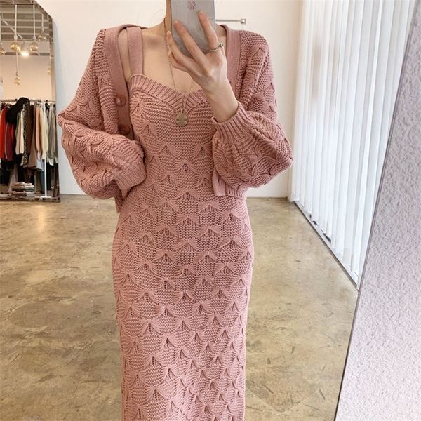 

two piece dress spring autumn korean elegant knitted 2 set women singlebreasted short sweater coat strap 220906, White