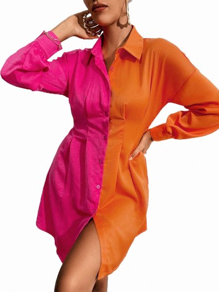 

casual dresses two tone plicated button up shirt dress 049b#, Black;gray