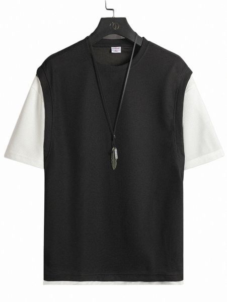 

men's t-shirts men colorblock tee without necklace p9l2#, White;black