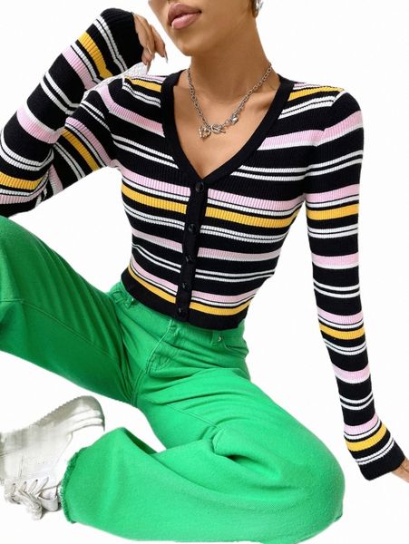 

women's sweaters striped pattern ribbed knit crop cardigan h58u#, White;black