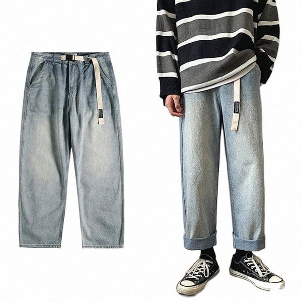 

men's jeans men's jeans mens korean fashion straight blue pants men vintage harajuku belt denim streetwear1 w7pl#