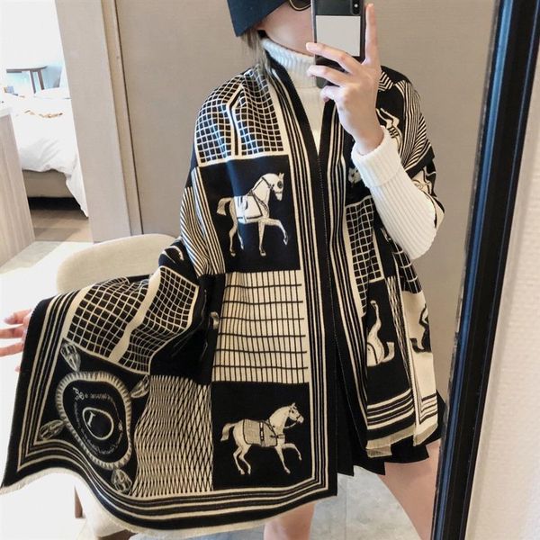 

designer womens scarf cashmere scarf women winter scarves ladies shawls big letter horse pattern wool landscape animal print pashminas 257a, Blue;gray