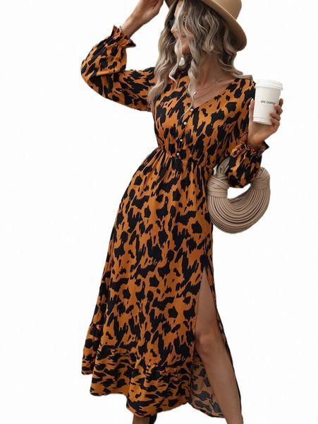 

casual dresses allover print flounce sleeve button front slit thigh dress b1fa#, Black;gray