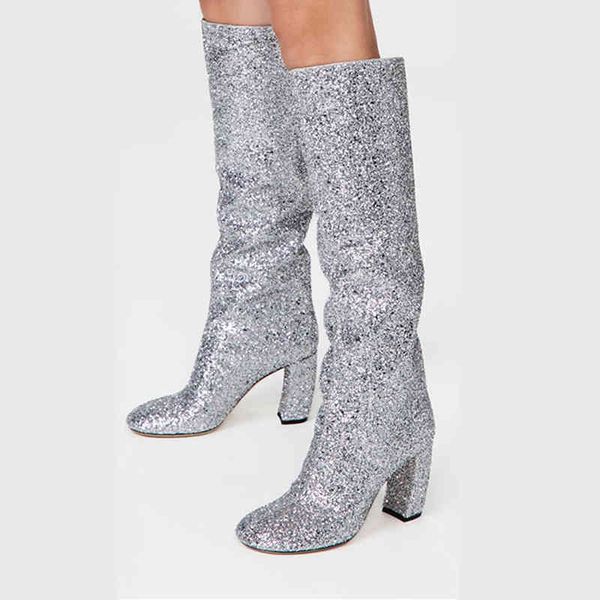 

boots arden furtado women's silver chunky heels 5cm glitter shiny boots ladies sequined cloth large size 41 42 43 220906, Black