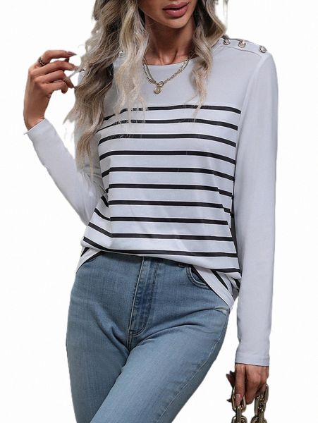 

women's t-shirt striped button detail tee 2022 new k9lk#, White